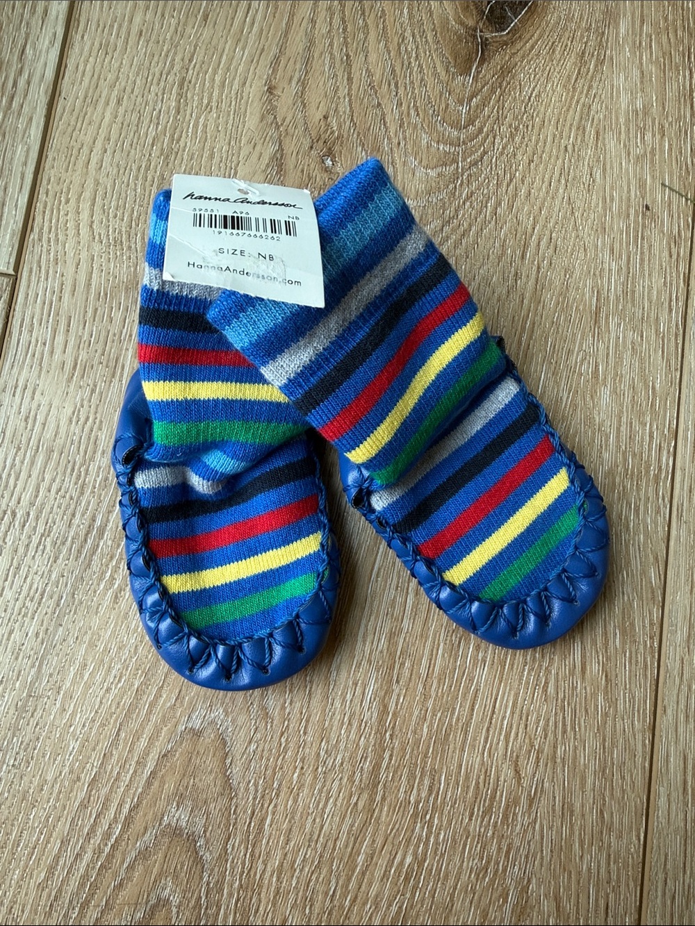 Hanna Andersson Blue Striped Kids Moccasin Socks Made in Sweden Size Newborn NWT